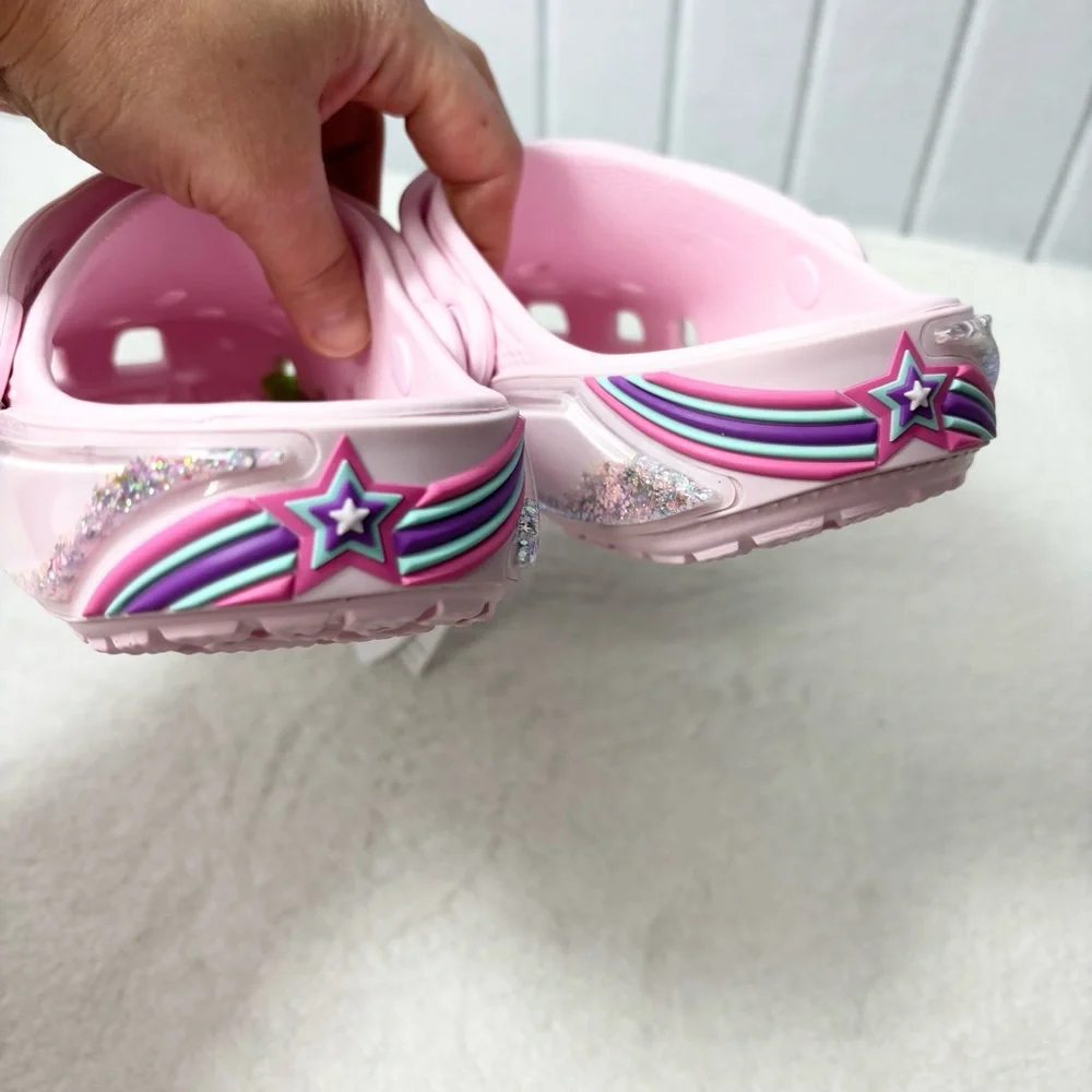 Crocs Kids' Pink Classic‎ Star Sparkle Shaker Clog Size J 2
